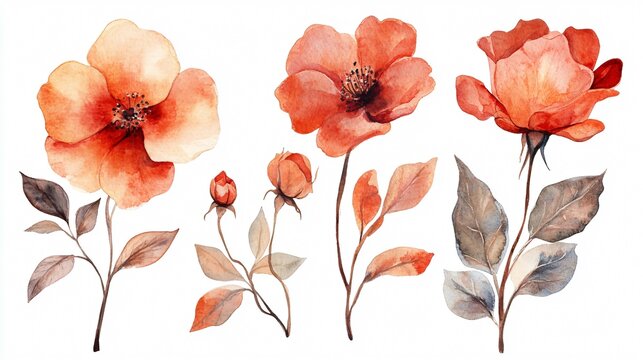 Vibrant Watercolor Floral Illustrations with Flowers and Leaves