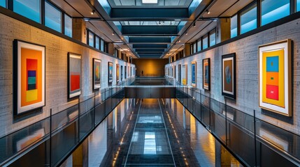 Modern art gallery featuring vibrant abstract paintings and sleek architectural design