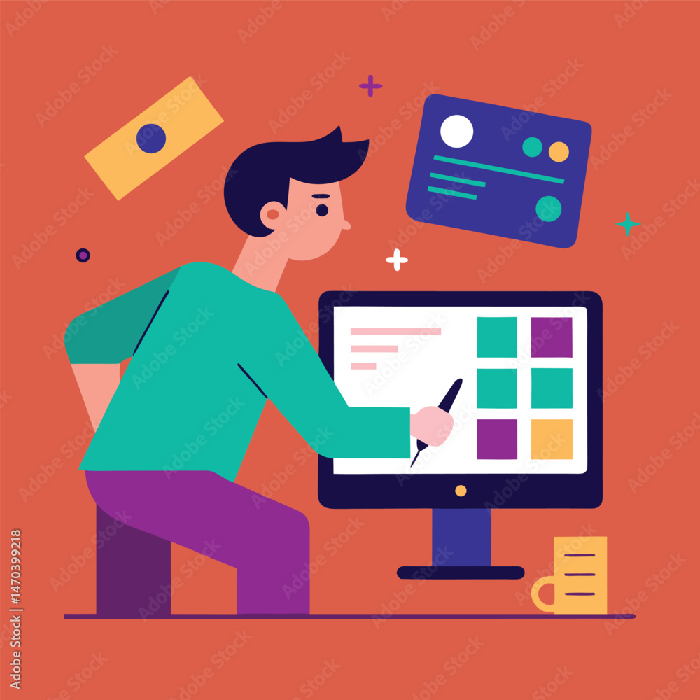 Aufkleber young man using stylus on computer screen for design project