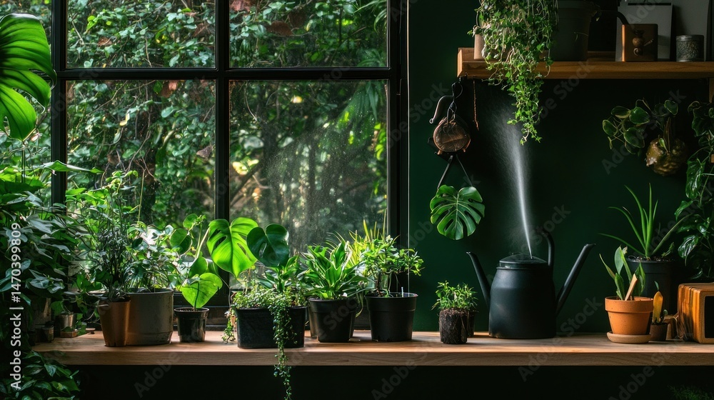 Poster various potted plants and a watering can displayed near a window