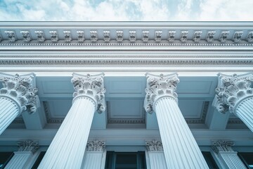 Classic architectural columns with intricate details against a bright sky