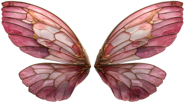 fantasy fairy wings with transparent iridescent and petal textures on transparent background, isolated illustration for magical costume design digital art or fantasy elements