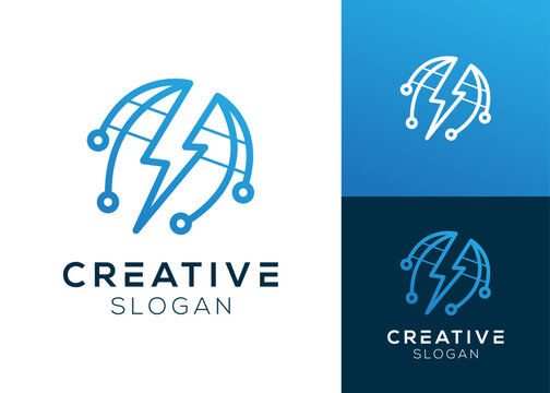 Globe tech logo. Globe with lightning and technology elements logo design