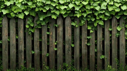 A wooden fence with green leaves covering some of its surface