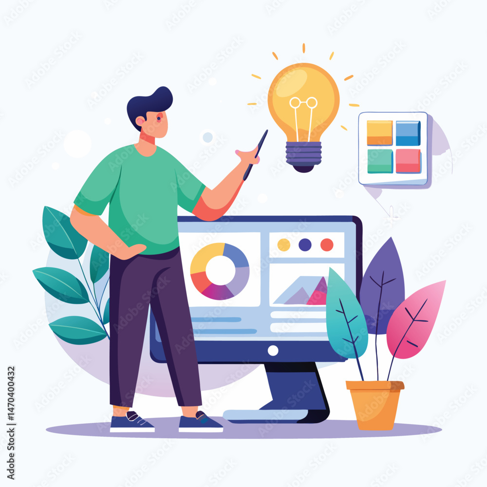 Poster young man presenting innovative ideas on a computer screen with charts and graphs