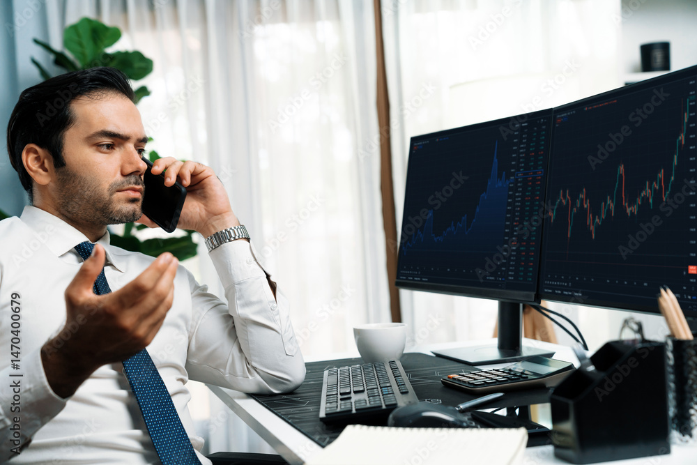 Poster trader businessman calling to consultant or partner with two stock exchange investment, compare data
