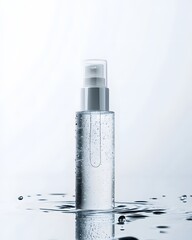 Clear bottle of lotion sits on a surface of water