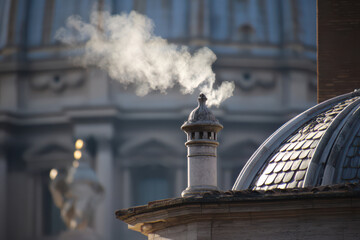 Historic moment as white smoke billows from Vatican chimney announcing the new pope’s election in the heart of Rome. Generative ai