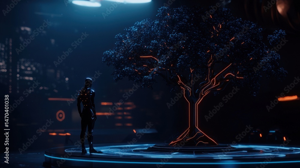 Poster a futuristic person stands looking at a glowing tree on a platform