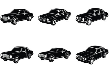 A vector set showcases retro automobile icons and silhouettes alongside modern car designs, including a sedan, bus, van, and truck, ideal for transport and traffic illustrations