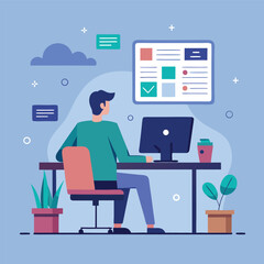 Man Working at Desk with Computer and Checklist Task Management Illustration