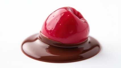 Fototapeta premium A glossy cherry encased in smooth melted chocolate creates a tantalizing visual contrast of red and brown