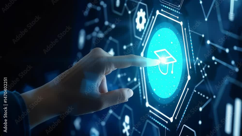 Poster a person interacts with a digital interface featuring a graduation cap icon, set against a backdrop 