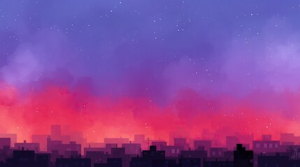 City skyline dusk with vibrant sky transitioning from deep purple to fiery red and distant starlight