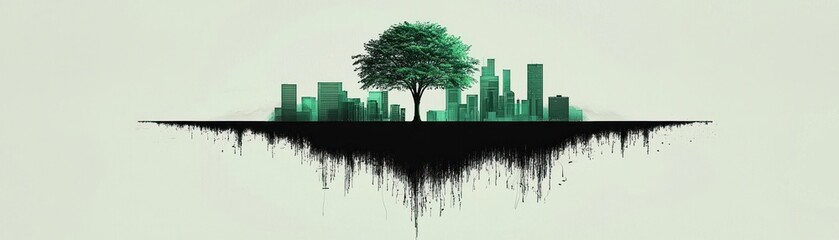 Fototapeta premium A green tree and city outline appear against a bright background