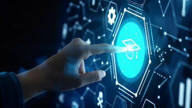 A person interacts with a digital interface featuring a graduation cap icon, set against a backdrop of illuminated network patterns, representing technology's role in education and career advancement.