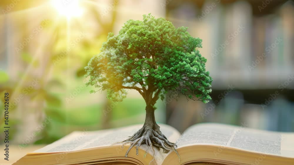 Poster a vibrant tree emerges from open book, symbolizing knowledge , growth. the image conveys power of le