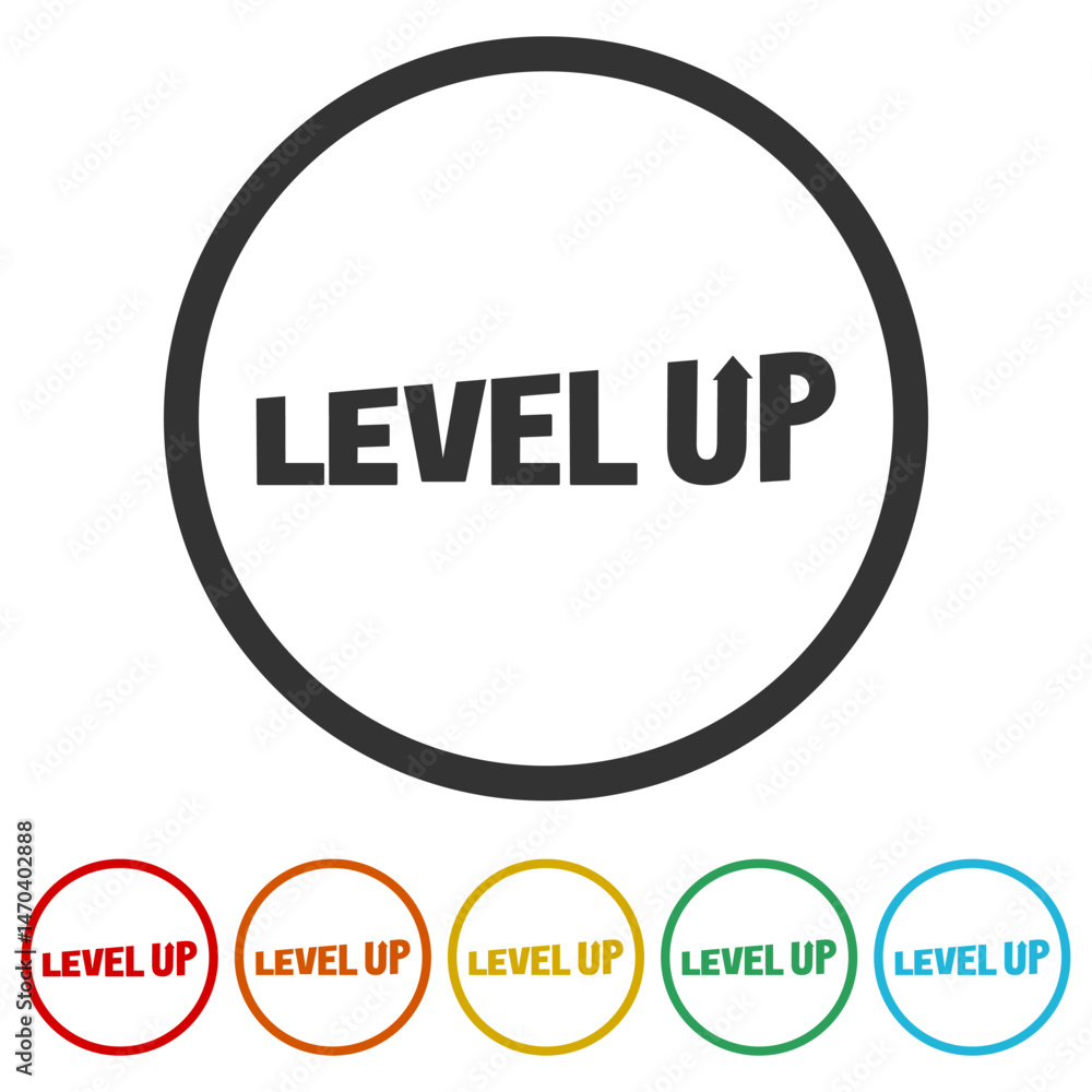 Poster level up word icon. set icons in color circle buttons