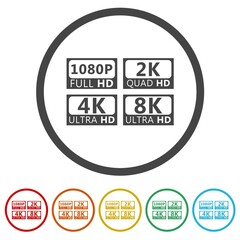 Obraz premium 8k Ultra Hd icon, 4k Ultra Hd, 2k Ultra Hd, 1080 Full Hd Resolution icon. Set icons in color circle buttons