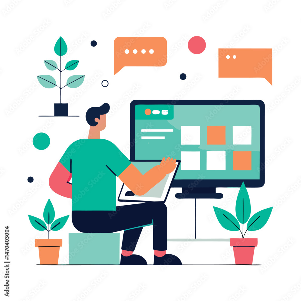 Poster man working on laptop and desktop computer with plants and chat bubbles