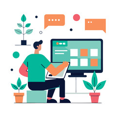Fototapeta premium Man Working on Laptop and Desktop Computer with Plants and Chat Bubbles