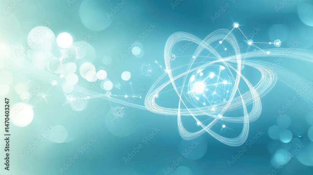 Poster abstract representation of atomic structure in a light teal background.