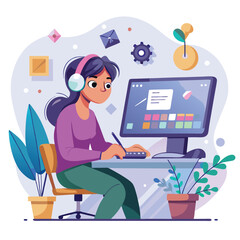 Young Woman Graphic Designer Working on Computer with Digital Tablet