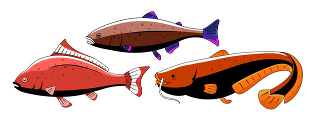 Fish set vector. Clipart, colorful sea life illustration.