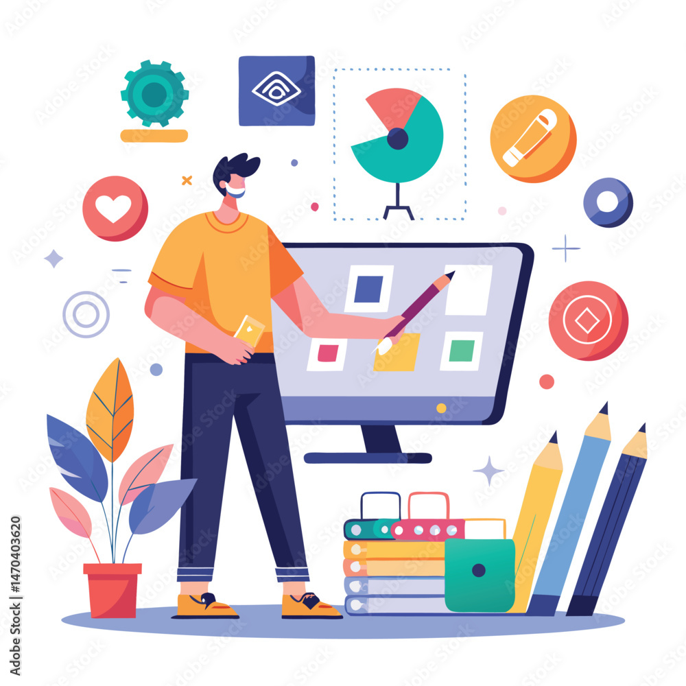 Poster young man presenting creative project on computer screen with colorful icons and design elements