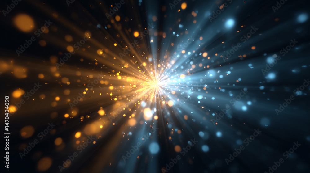 Poster bright particles radiate from the center in a mesmerizing display of light and color in a cosmic env