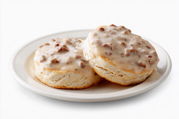 Biscuits and gravy served on a white plate in a cozy breakfast setting, perfect for a hearty morning meal