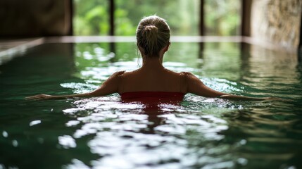 Woman enjoying a relaxing swim in a clear swimming pool