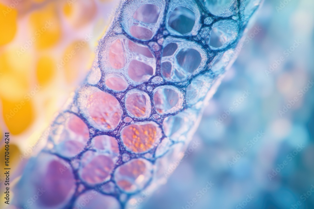 Wall mural microscopic view of a porous structure, resembling a network of interconnected bubbles with pastel c