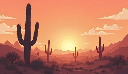 Desert Sunset with Silhouetted Cacti and Mountains