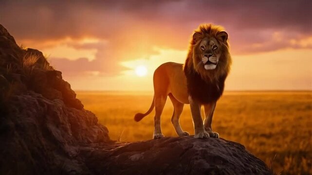 A lion stands on a rock in front of a sunset. Smooth repeating motion for background video animation