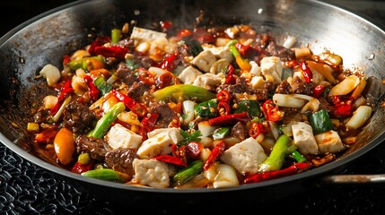 Spicy dry pot stir fry known Ma La Xiang Guo mixed vegetables tofu beef chilies served metal wok black textured table showcasing bold Sichuan flavors China cut out on isolated transparent background