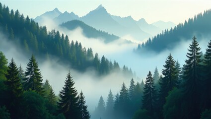 Misty Mountain Forest Landscape with Dark Green Trees