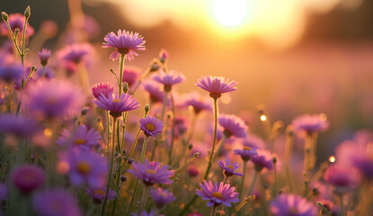Fototapeta premium Purple Wildflowers in Soft Sunset Light