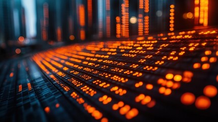 Abstract digital data visualization with glowing orange lights