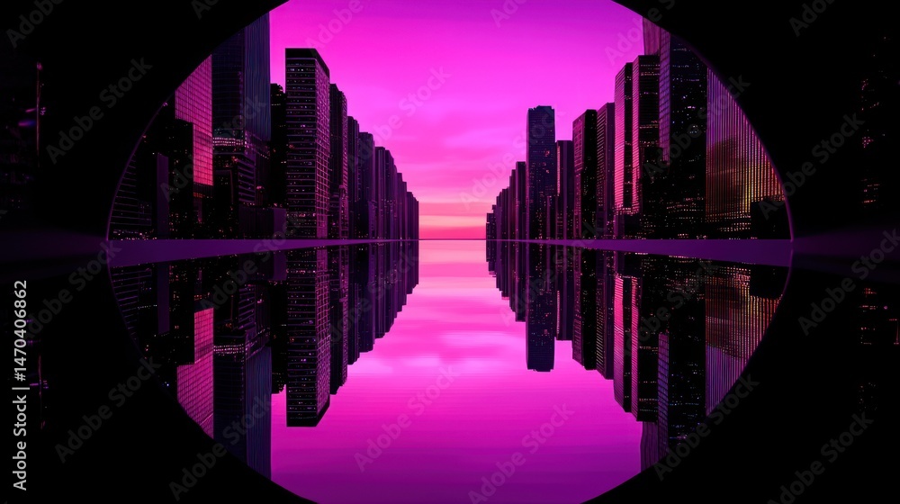 Poster reflecting city buildings viewed within a circular frame at sunset