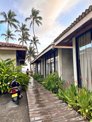 Tropical seaside hotel path with palm trees, blooming plants, and a parked scooter, leading to the beach under a cloudy sunset sky.