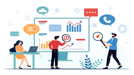 Online marketing campaign flat design with data analysis and digital media icons