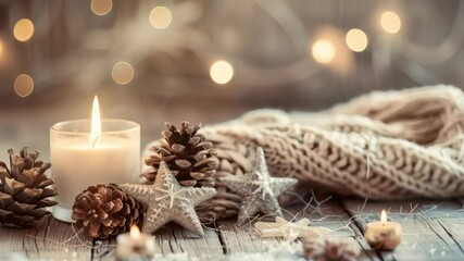 A warm and inviting winter scene featuring a lit candle, pinecones, and decorative stars arranged on a rustic wooden surface, evoking a feeling of coziness and holiday cheer. - Powered by Adobe