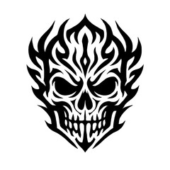 Tribal Skull Vector Illustration – Stylized Flame Skull Tattoo Design in Black and White
