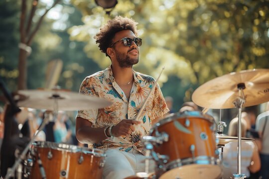 Energetic drummer showcases talent during outdoor party in sunny park setting