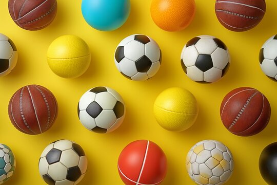 Colorful assortment of sports balls arranged on a vibrant yellow background showcasing various types and textures