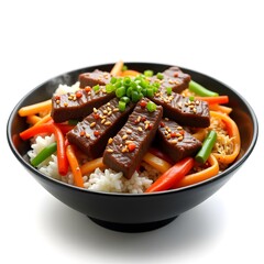 Korean bulgogi beef bowl with white rice and vegetable