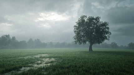 Obraz premium Lone tree on a grassy field endures a heavy rain shower under a dimly lit, cloudy sky.