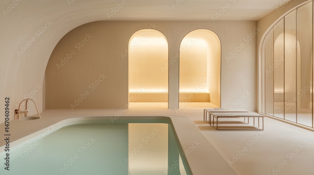 Poster a minimalist indoor swimming pool featuring arched architecture and soft lighting