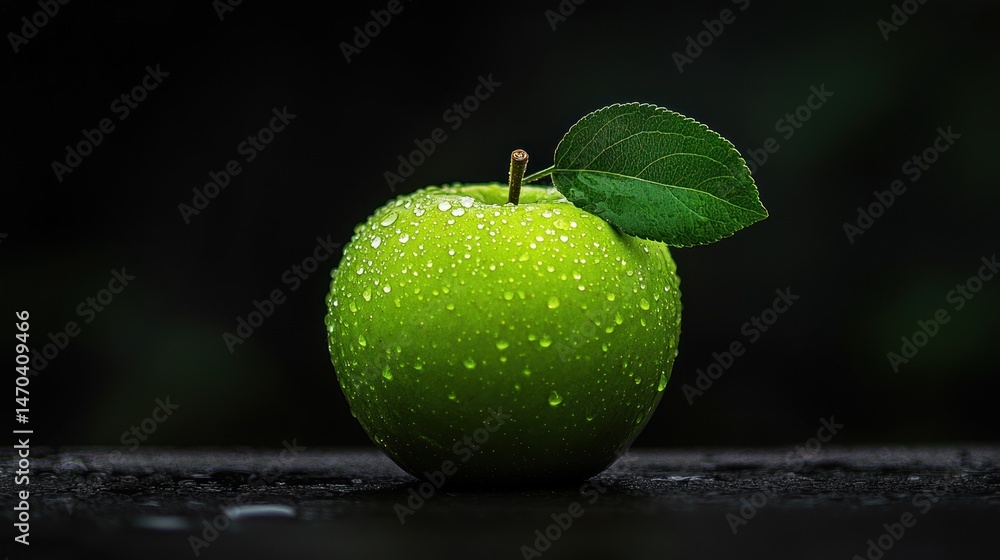 Poster a single green apple is covered in water droplets and has a leaf
